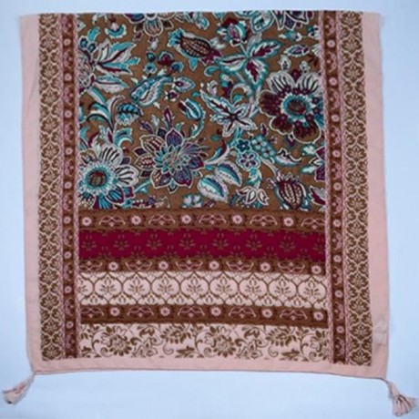 BOHEMIAN ETHNIC FLOWERS PRINTED TASSELS SHAWL SCARF (LIGHT BROWN)