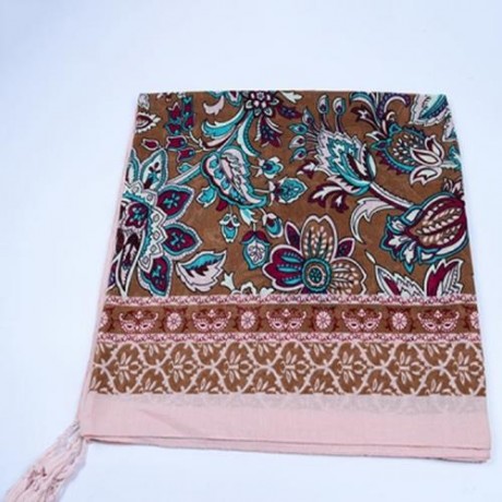 BOHEMIAN ETHNIC FLOWERS PRINTED TASSELS SHAWL SCARF (LIGHT BROWN)