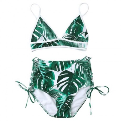 HIGH WAIST TROPICAL LEAF PRINT BIKINI SET (COLORMIX)