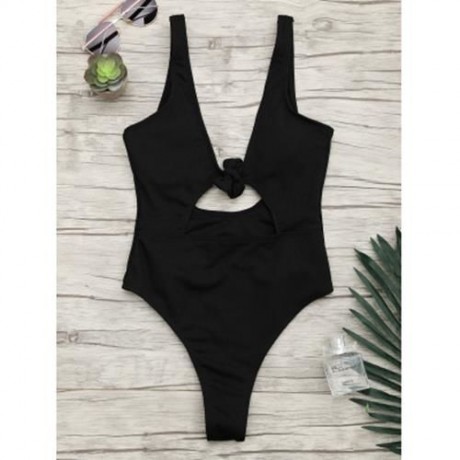 RIBBED KNOT BACKLESS ONE PIECE SWIMSUIT (BLACK)