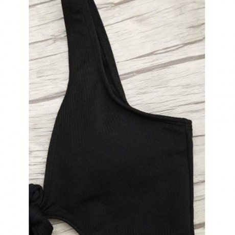 RIBBED KNOT BACKLESS ONE PIECE SWIMSUIT (BLACK)