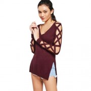 HIGH LOW CRISS CROSS LONG SWEATER (WINE RED)