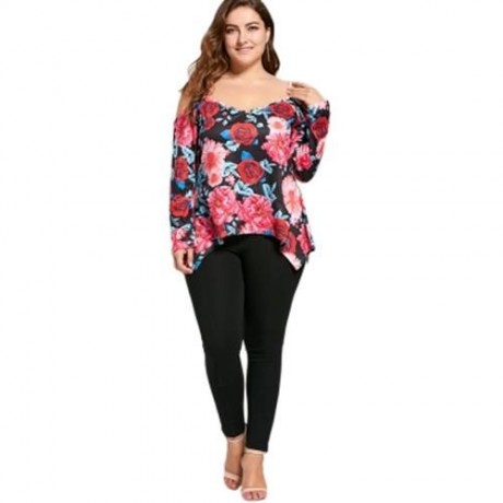 PLUS SIZE FLORAL COLD SHOULDER ASYMMETRIC TOP (FLORAL)