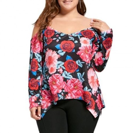PLUS SIZE FLORAL COLD SHOULDER ASYMMETRIC TOP (FLORAL)