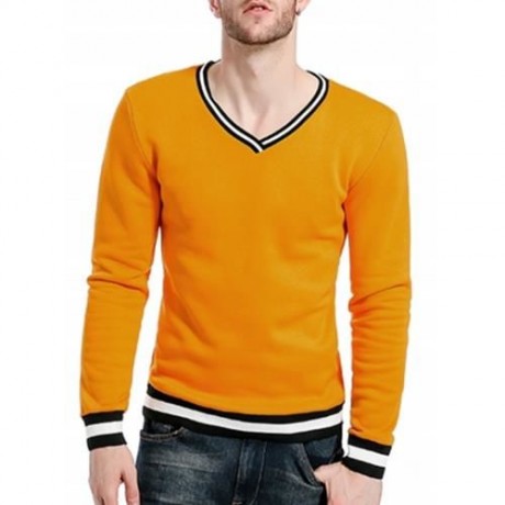STRIPE RIB PANEL V NECK LONG SLEEVE SWEATSHIRT (YELLOW)