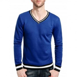 STRIPE RIB PANEL V NECK LONG SLEEVE SWEATSHIRT (BLUE)