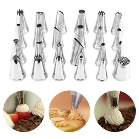 24PCS DIY STAINLESS STEEL BUTTERCREAM ICING PIPING NOZZLES (SILVER WHITE)