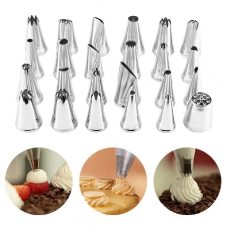 24pcs DIY Stainless Steel Buttercream Icing Piping Nozzles (SILVER WHITE)