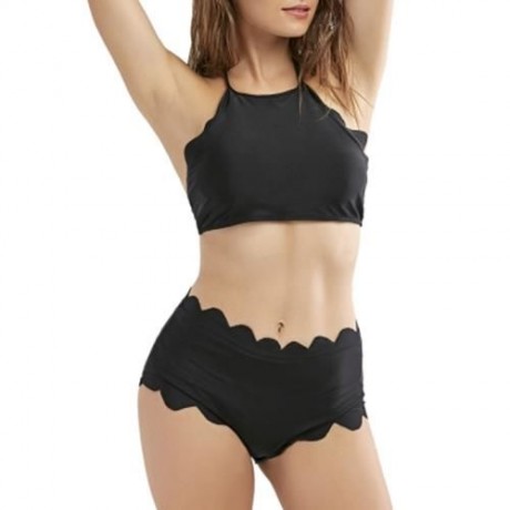 HIGH WAISTED HALTER SCALLOPED BIKINI SET (BLACK)