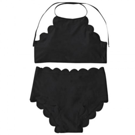 HIGH WAISTED HALTER SCALLOPED BIKINI SET (BLACK)
