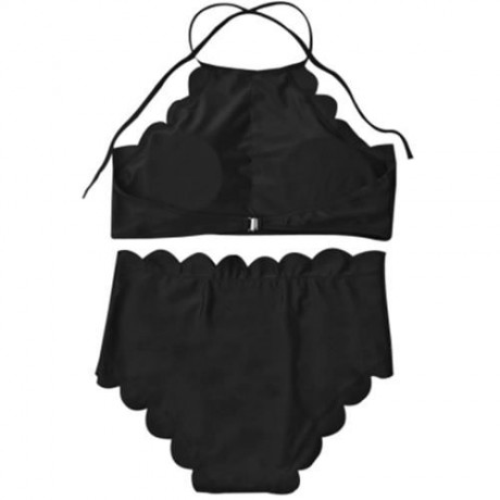 HIGH WAISTED HALTER SCALLOPED BIKINI SET (BLACK)