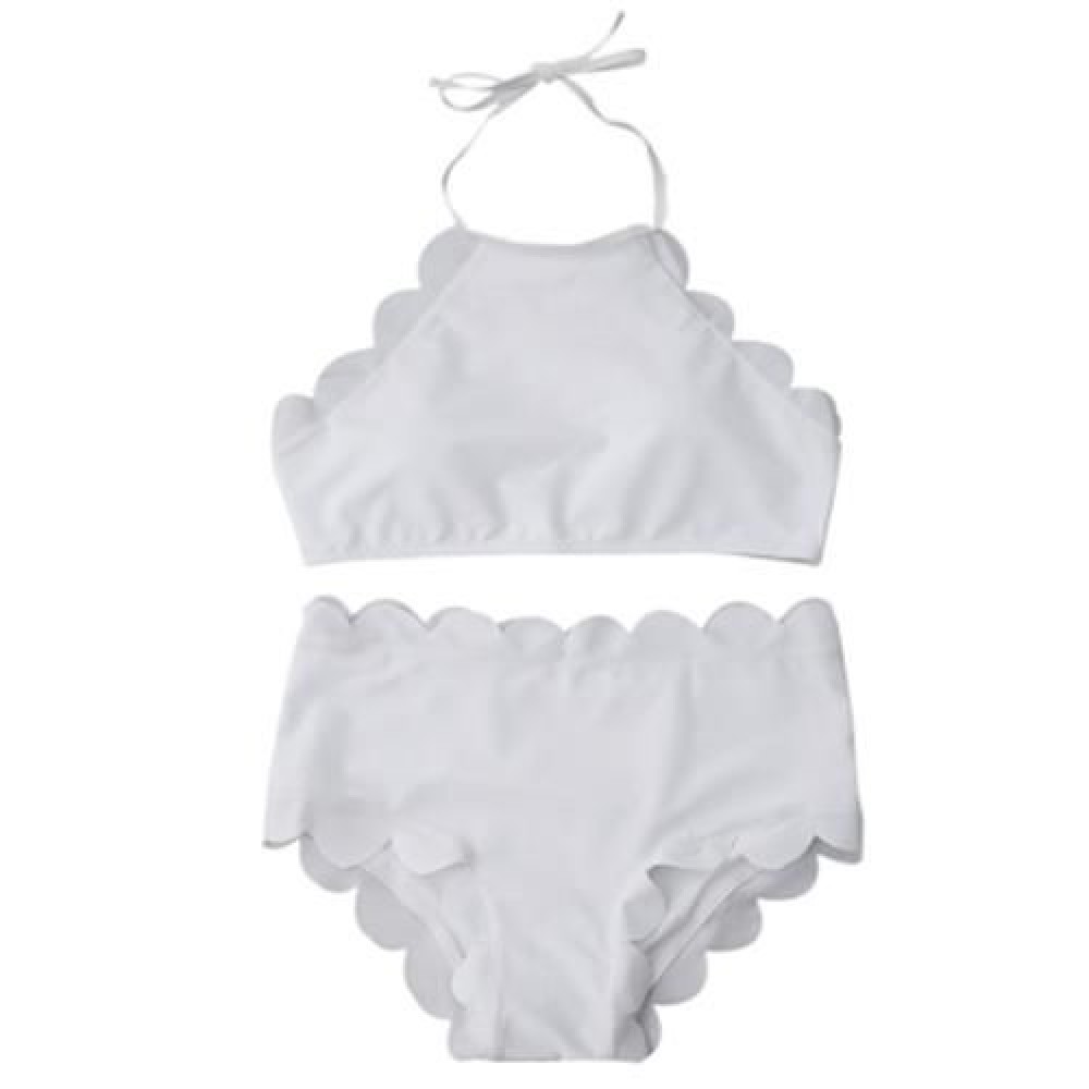 HIGH WAISTED HALTER SCALLOPED BIKINI SET (WHITE)