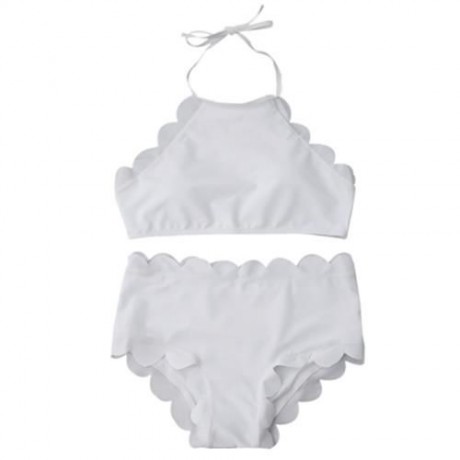 HIGH WAISTED HALTER SCALLOPED BIKINI SET (WHITE)