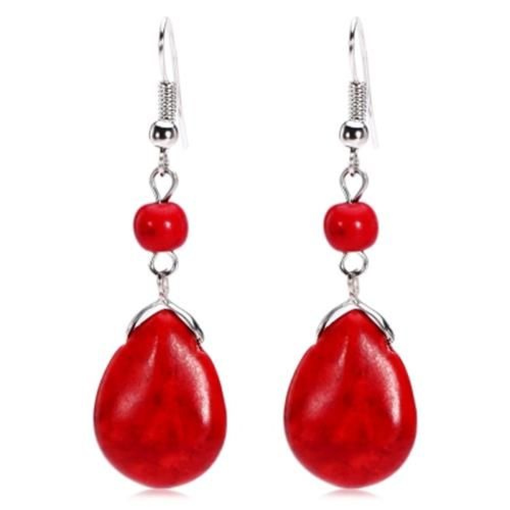 BOHEMIAN WOMEN TURQUOISE BEAD PENDANT HOOK DROP EARRINGS (CLARET)