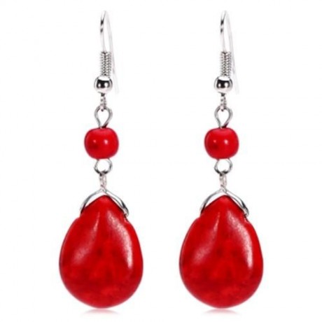 BOHEMIAN WOMEN TURQUOISE BEAD PENDANT HOOK DROP EARRINGS (CLARET)