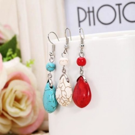 BOHEMIAN WOMEN TURQUOISE BEAD PENDANT HOOK DROP EARRINGS (CLARET)
