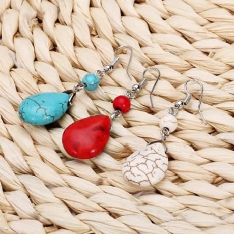 BOHEMIAN WOMEN TURQUOISE BEAD PENDANT HOOK DROP EARRINGS (CLARET)
