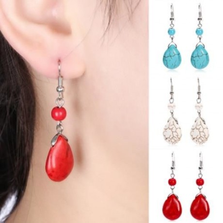 BOHEMIAN WOMEN TURQUOISE BEAD PENDANT HOOK DROP EARRINGS (CLARET)