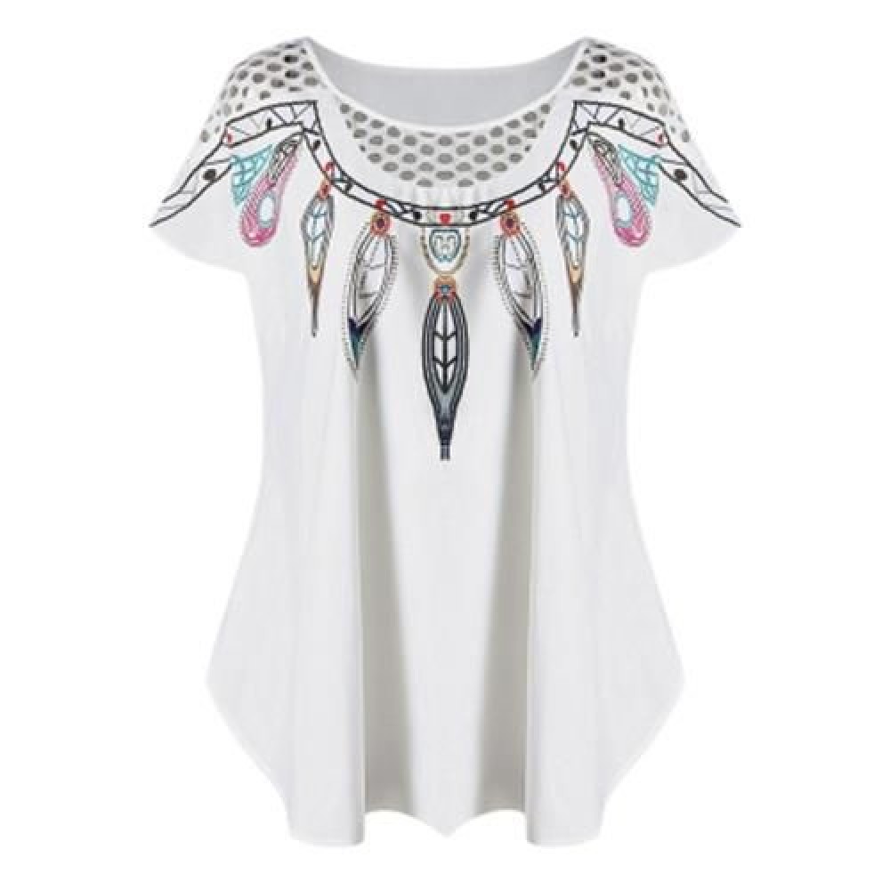 PLUS SIZE HOLLOW OUT FEATHER PRINT TOP (WHITE)