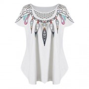 PLUS SIZE HOLLOW OUT FEATHER PRINT TOP (WHITE)