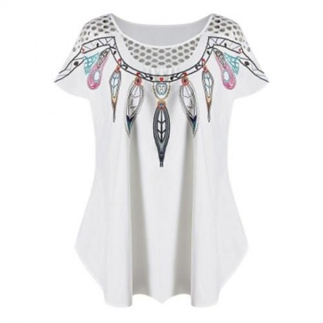 PLUS SIZE HOLLOW OUT FEATHER PRINT TOP (WHITE)