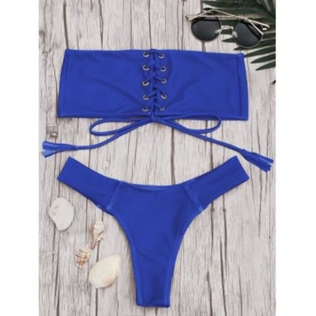 EYELETS LACE UP BANDEAU BIKINI SET (ROYAL)