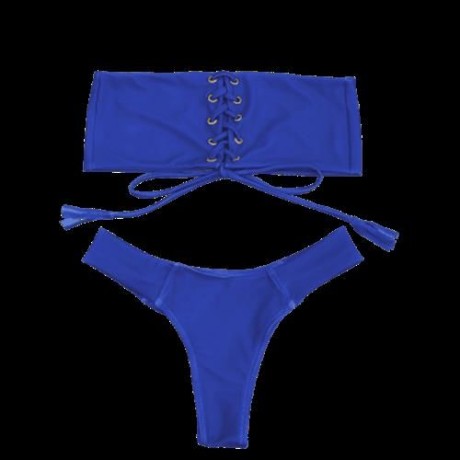 EYELETS LACE UP BANDEAU BIKINI SET (ROYAL)