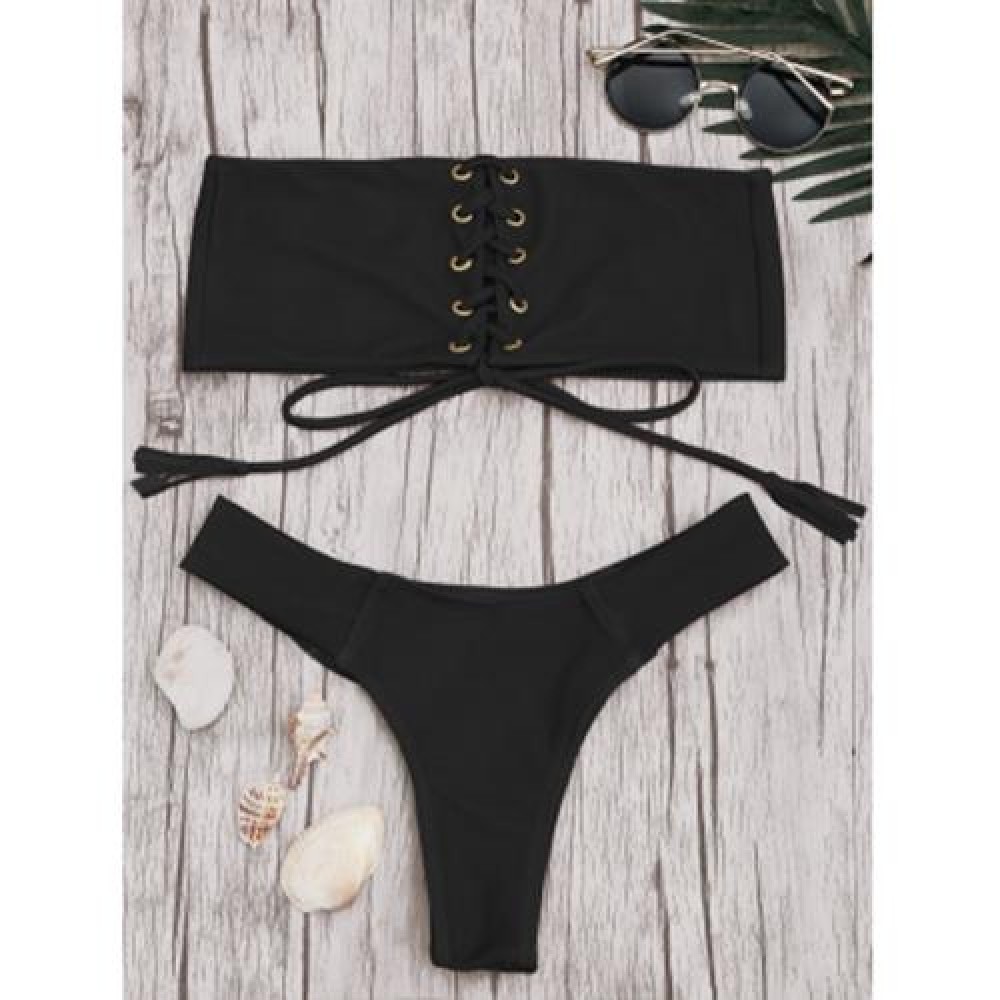 EYELETS LACE UP BANDEAU BIKINI SET (BLACK)