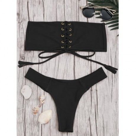 EYELETS LACE UP BANDEAU BIKINI SET (BLACK)