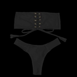 EYELETS LACE UP BANDEAU BIKINI SET (BLACK)
