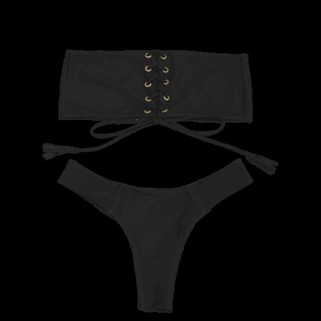 EYELETS LACE UP BANDEAU BIKINI SET (BLACK)