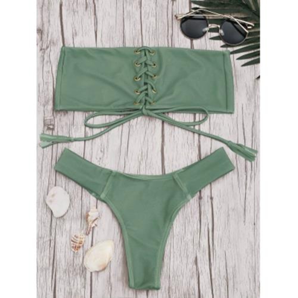 EYELETS LACE UP BANDEAU BIKINI SET (PEA GREEN)