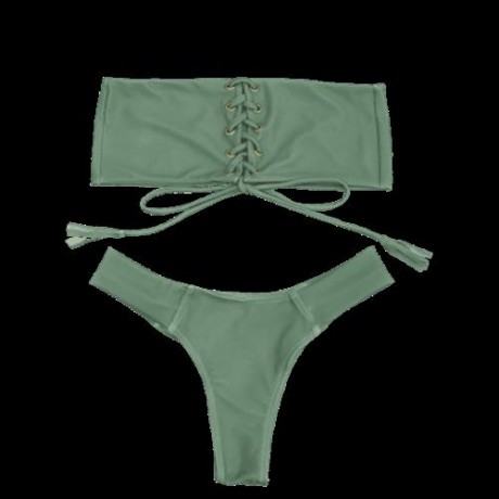 EYELETS LACE UP BANDEAU BIKINI SET (PEA GREEN)