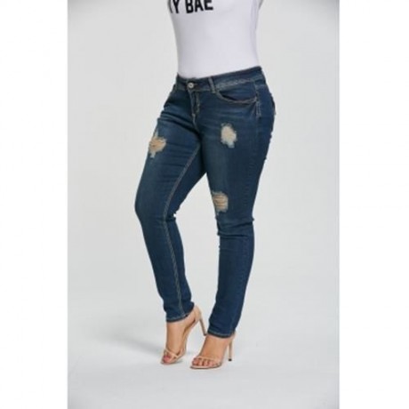 PLUS SIZE RIPPED PENCIL JEANS (DENIM BLUE)