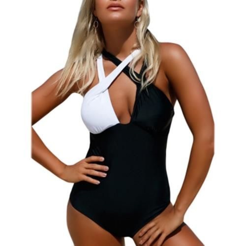 COLOR BLOCK CRISS CROSS SWIMSUIT (BLACK)