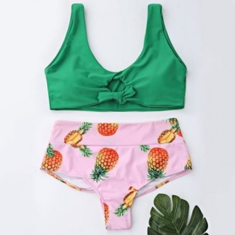 PINEAPPLE PRINT HIGH WAIST BRALETTE BIKINI SET (GREEN)