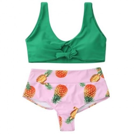PINEAPPLE PRINT HIGH WAIST BRALETTE BIKINI SET (GREEN)