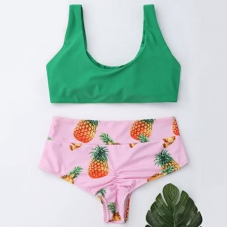 PINEAPPLE PRINT HIGH WAIST BRALETTE BIKINI SET (GREEN)