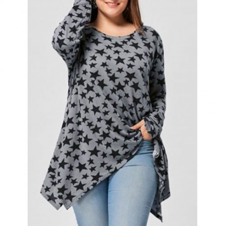 PLUS SIZE ALLOVER STAR LONG SLEEVE T-SHIRT (GRAY)