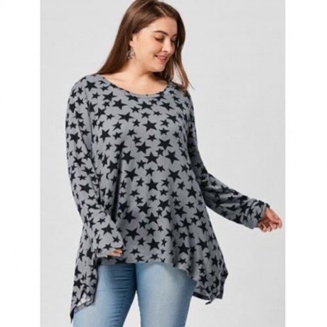 PLUS SIZE ALLOVER STAR LONG SLEEVE T-SHIRT (GRAY)