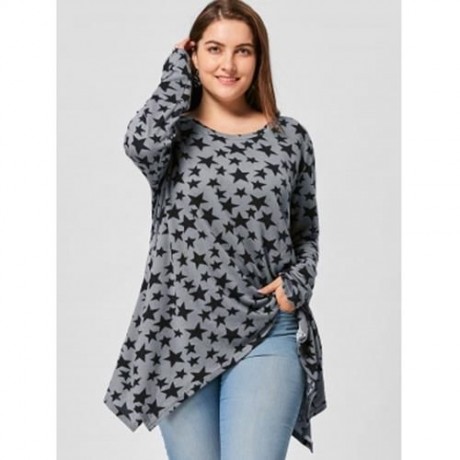 PLUS SIZE ALLOVER STAR LONG SLEEVE T-SHIRT (GRAY)