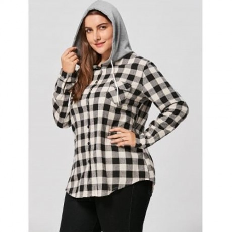 PLUS SIZE FLAP POCKETS PLAID SHIRT HOODIE (COLORMIX)