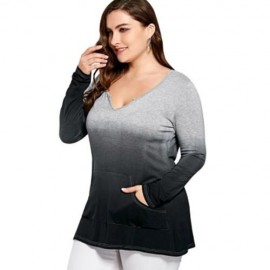 PLUS SIZE KANGAROO POCKET LONG SLEEVE OMBRE T-SHIRT (BLACK AND GREY)