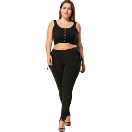 PLUS SIZE LACE UP TIGHT PANTS (BLACK)