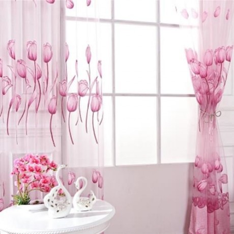 FLORAL TULLE VOILE BURNT-OUT WINDOW CURTAIN 100 X 250CM (PINK)