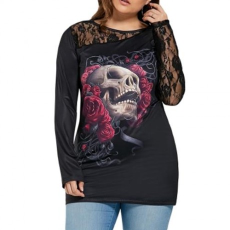 LACE INSERT FLORAL SKULL HALLOWEEN PLUS SIZE T-SHIRT (BLACK)