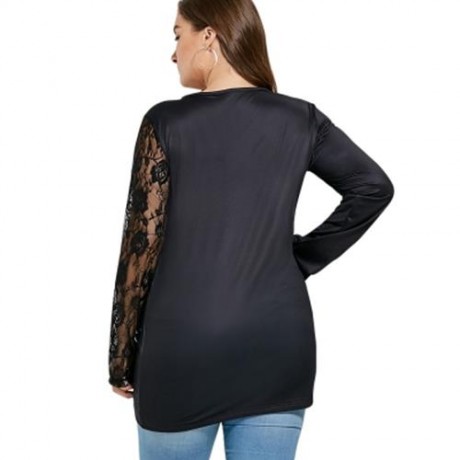 LACE INSERT FLORAL SKULL HALLOWEEN PLUS SIZE T-SHIRT (BLACK)