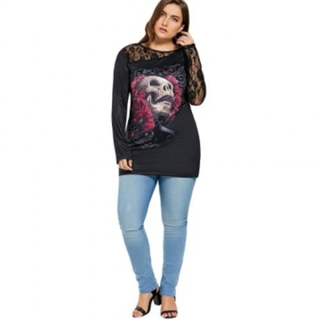 LACE INSERT FLORAL SKULL HALLOWEEN PLUS SIZE T-SHIRT (BLACK)