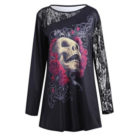 LACE INSERT FLORAL SKULL HALLOWEEN PLUS SIZE T-SHIRT (BLACK)