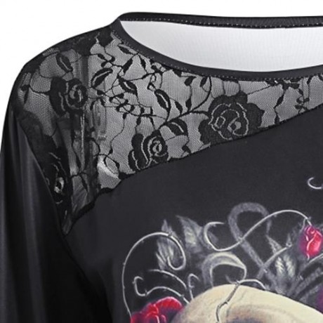 LACE INSERT FLORAL SKULL HALLOWEEN PLUS SIZE T-SHIRT (BLACK)